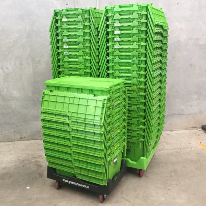 Large stack of Get Crateful moving totes ready for delivery
